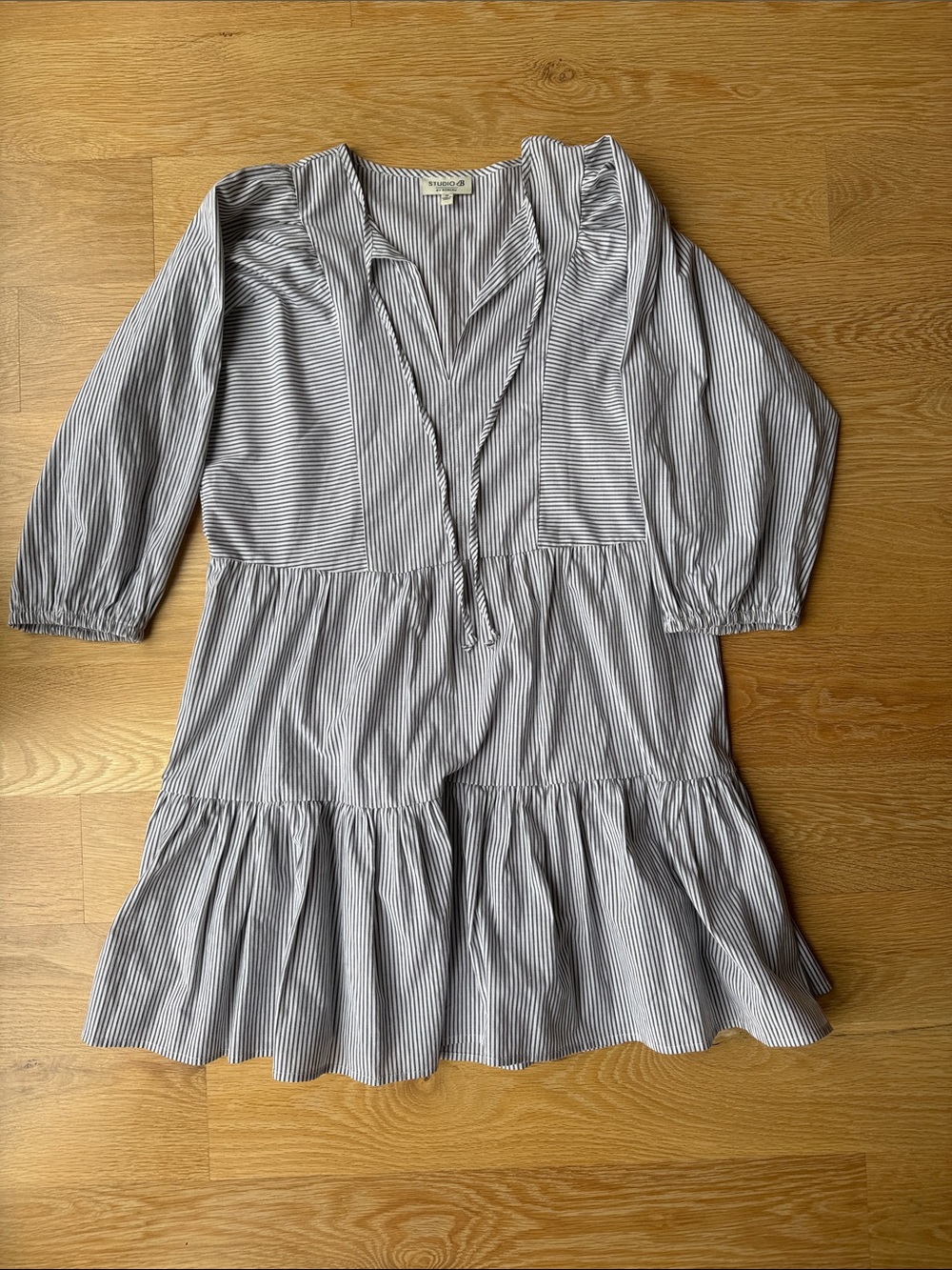 Striped V-Neck Tiered Mini Dress - Gray/White